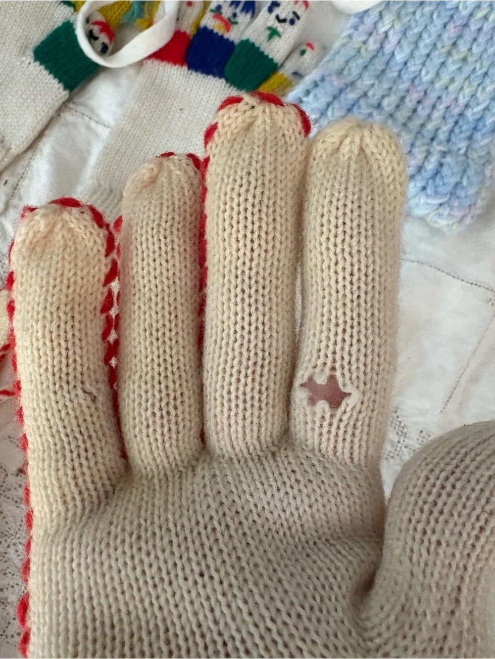 Handmade Cream and Multicolor Knit Winter Gloves & Slippers Set LOT